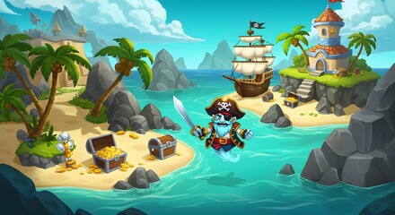 Pirate Adventuring Across a Tropical Island with Treasure Chests and Ship in the Background