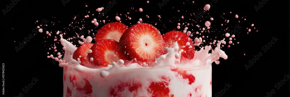Poster floating strawberry milk explosion with fruit splashes and an open upper zone creating a vibrant vis