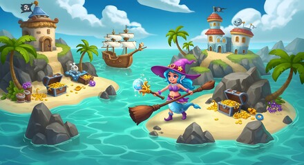 Fantasy Island Scene Featuring Sorceress With Broomstick Surrounded By Treasure And Ocean