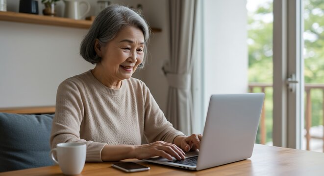 An elderly Asian woman smiles while working on a laptop computer at a table in her home.