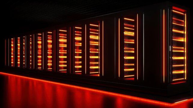 Illuminated server racks in a dark data center. - Powered by Adobe