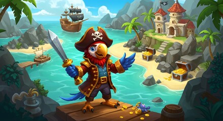 Colorful Pirate Parrot Overlooking Treasure on a Tropical Island with Ships and Palm Trees