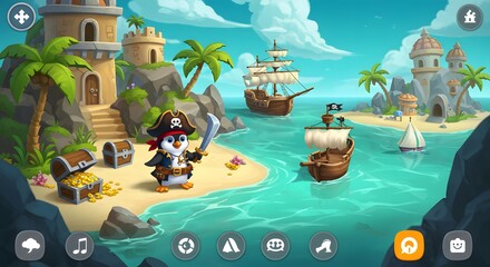 Colorful Cartoon Pirate Character Holding Sword on a Tropical Beach with Treasure and Sailing Ships
