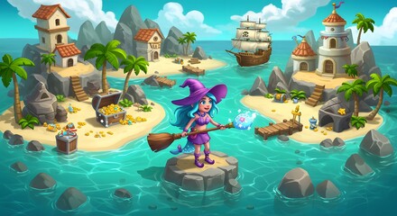 Whimsical Fantasy Island with a Young Witch Standing on Rocks with a Ship and Tropical Environment