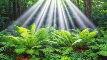 Obraz premium Sunlight Illuminates Lush Green Plants in a Forest