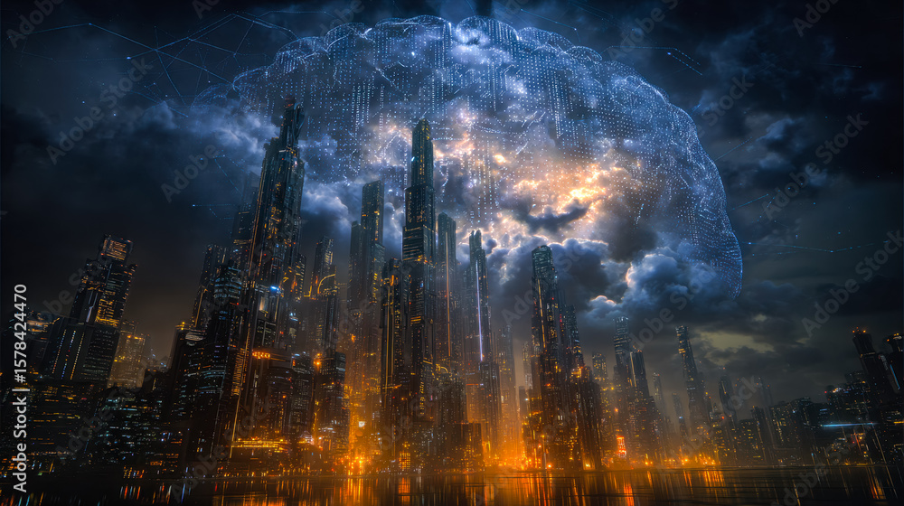 Poster futuristic cityscape with digital brain overlay symbolizing artificial intelligence integration
