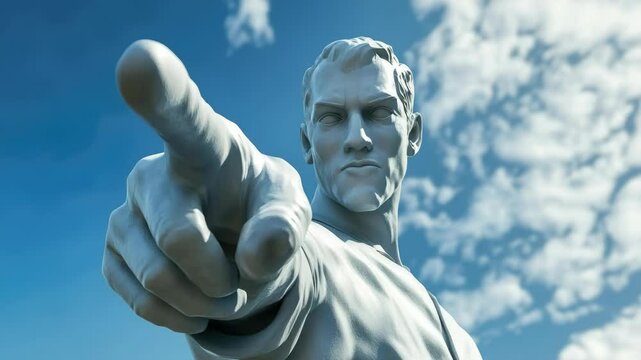 Granite statue with finger pointing accusingly.