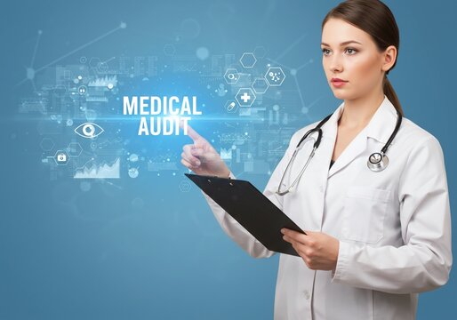Doctor pointing at Medical Audit text with digital health icons on blue background