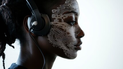 Woman with headphones, circuit design on face, profile view.