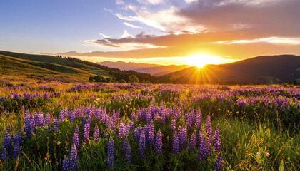 Sunset over meadow filled with purple wildflowers and green grass on rolling hills