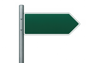 Empty green road sign pointing to the right, ready for your text or symbol, on a transparent background