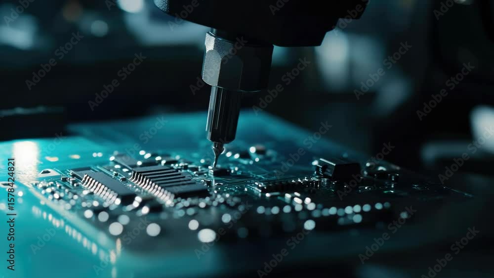 Poster close up of a robotic arm soldering circuit board. electronics manufacturing process.