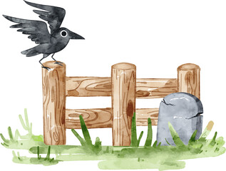 Halloween decoration element of crow perched on wooden fence with gravestone. Vector illustration for Halloween theme project, cards, stationary, sticker, and invitation.