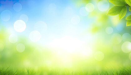 Obraz premium Bright green nature background with fresh leaves and grass under blue sky