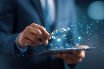 Business professional examining digital data with magnifying glass connected to technology network