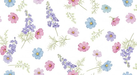 Seamless Pastel Cosmos and Delphinium Flowers Pattern – Soft Botanical Illustration on White Background