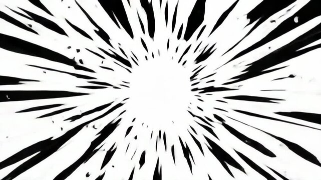 Dynamic burst effect in black and white, resembling a comic book style. Top-down camera angle, ideal for a dramatic video intro or transition. Live desktop wallpaper.