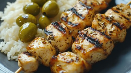 Greek grilled chicken skewers served with lemon rice and marinated green olives