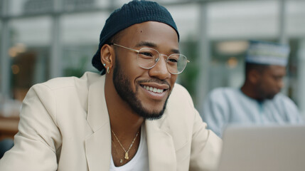 Smiling man wearing glasses and beanie works on laptop in modern, bright office space, promoting diversity, inclusion, and representation