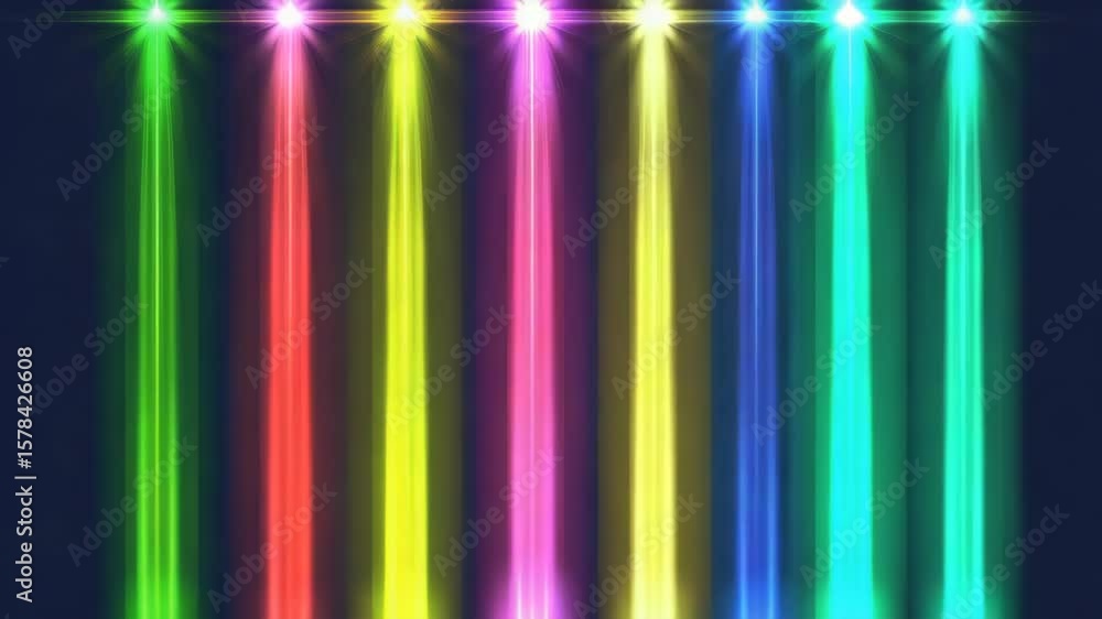 Poster a display of colorful led lights arranged in a rainbow spectrum, with each light panel illuminating 