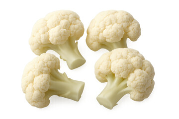 Crisp cauliflower florets floating against clean white backdrop, highlighting natural texture and fresh vegetable details