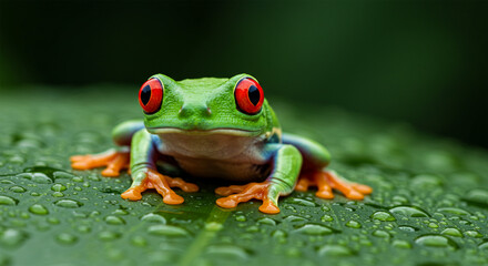 Fototapeta premium Stunning Macro Shot of Red-Eyed Tree Frog on Tropical Leaf