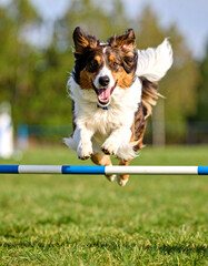 A close-up of a generic dog agility jump bar, blurred in motion as if being cleared by a fast-moving dog.