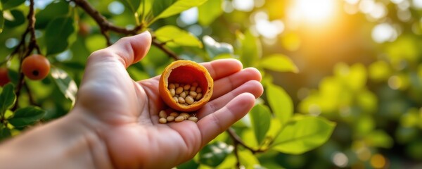 hand gently holding cracked fruit capsule with seeds spilling out, natural sunlight filtering through trees.