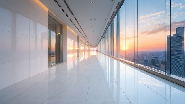 Bright modern interior corridor expansive glass walls stunning city skyline vista golden hour light, concept for business branding, office space visualization and architectural project promotion - Powered by Adobe