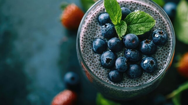 Healthy vanilla blueberry chia pudding in a glass with fresh berries