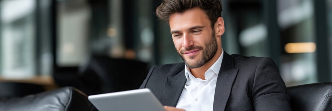Confident businessman using a tablet in modern office setting looks relaxed
