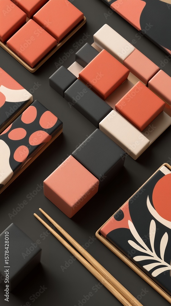 Aufkleber abstract geometric blocks and patterned decorative tiles arranged with chopsticks on a minimalist da