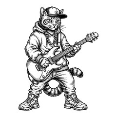 Cool Hip-Hop Cat Playing Electric Guitar – Black and White Coloring Book Vector
