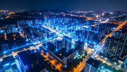 Futuristic Cityscape at Night with Glowing Network Connections.