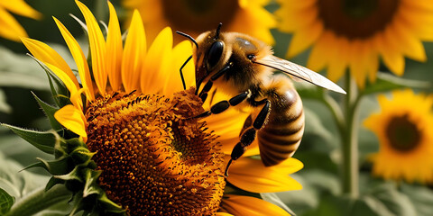 Summer Sunlight on Bee and Flower Close Up


