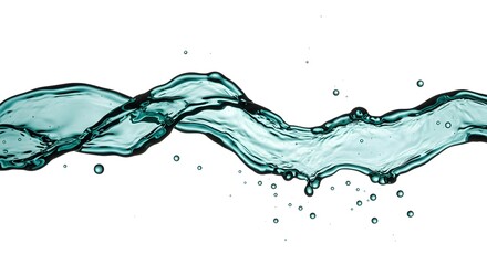 A swirling turquoise wave with water droplets against a white background