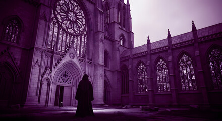Mysterious Figure at Grand Gothic Cathedral Shadows and Architecture, Gothic Building with Mysterious Figure, Ancient Church Landscape