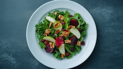 Kale salad with apple, beetroot, walnut and raisins in white plate. Healthy food