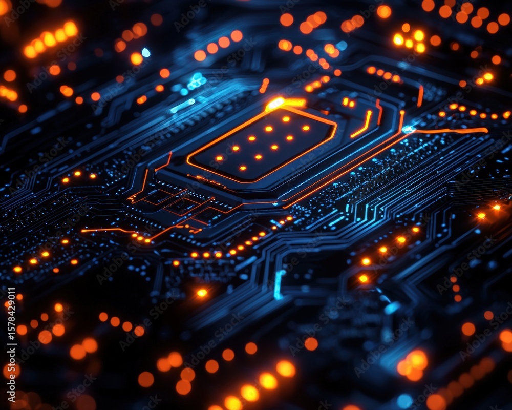 Poster advanced microchip with glowing circuitry highlighting modern technology design