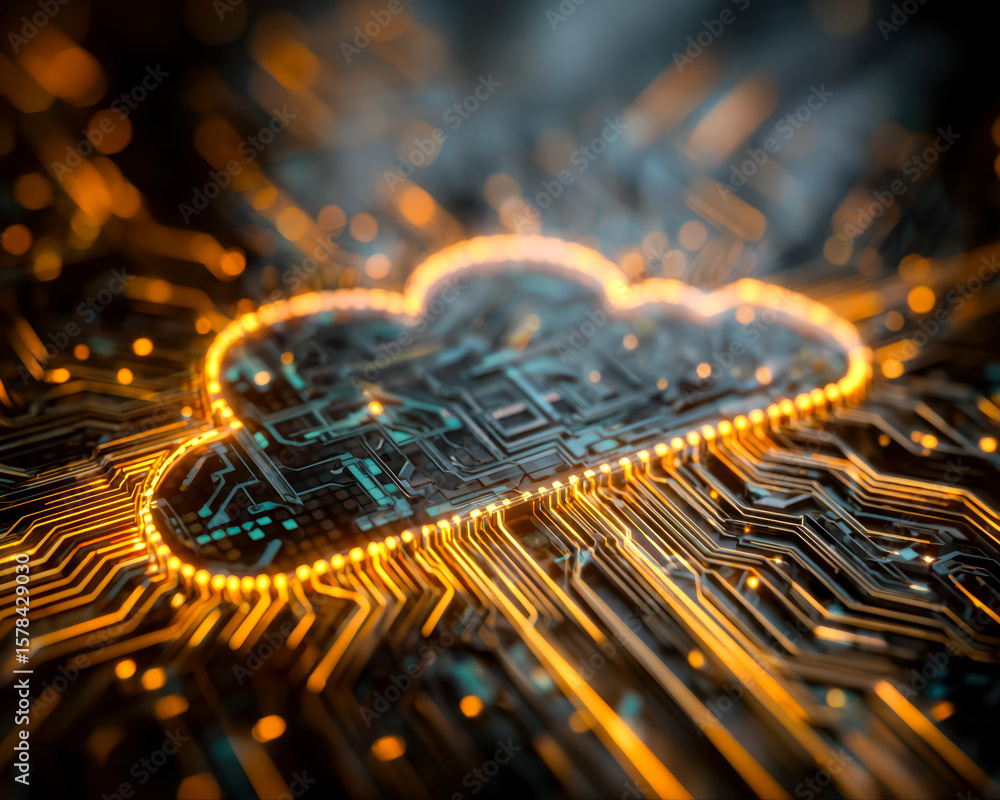 Poster futuristic cloud storage concept with glowing circuitry pattern and dynamic light effects