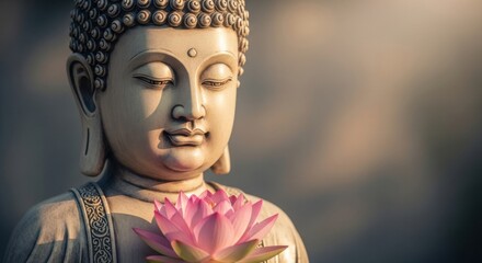 Serene Buddha Statue Holding a Delicate Pink Lotus Flower bathed in Warm Golden Sunlight