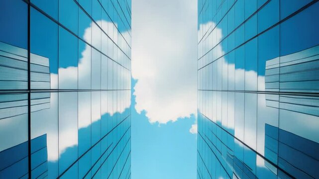 Bright office space with blue sky reflection in windows.