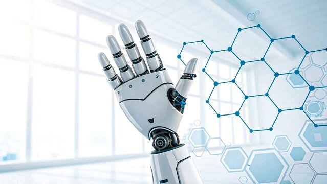 Robotic hand raised with hexagonal pattern and futuristic interface in modern technology setting

