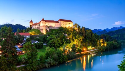 Fototapeta premium Stunning Evening View of Škofja Loka Castle Slovenia.