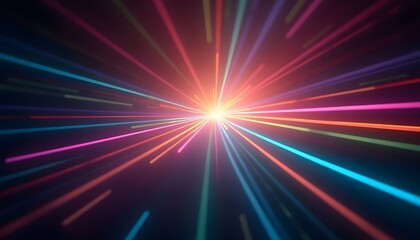 Obraz premium Multicolored lines converge at a bright center creating a radiating starburst effect against a dark background