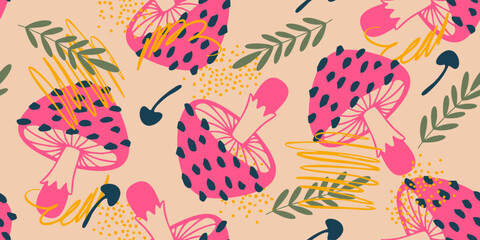 Seamless Pattern with Hand Drawn Pink Mushrooms. Mushrooms Collection. Vector Illustration. Magic Mushroom Symbol, Design Template