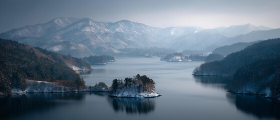 Obraz premium A serene landscape of Lake Hibara with foggy air and snow-covered islets, framed by forested hills and mountain peaks. 