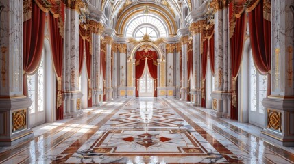 Obraz premium Opulent Palace Interior with Marble Floors, Columns, and Draped Red Curtains