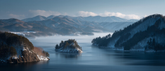 A serene landscape of Lake Hibara with foggy air and snow-covered islets, framed by forested hills and mountain peaks. 