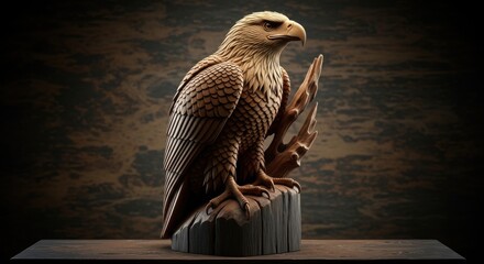 Exquisite Hand Carved Wooden Eagle Sculpture Perched Gracefully on a Textured Log Displayed on a Rustic Table